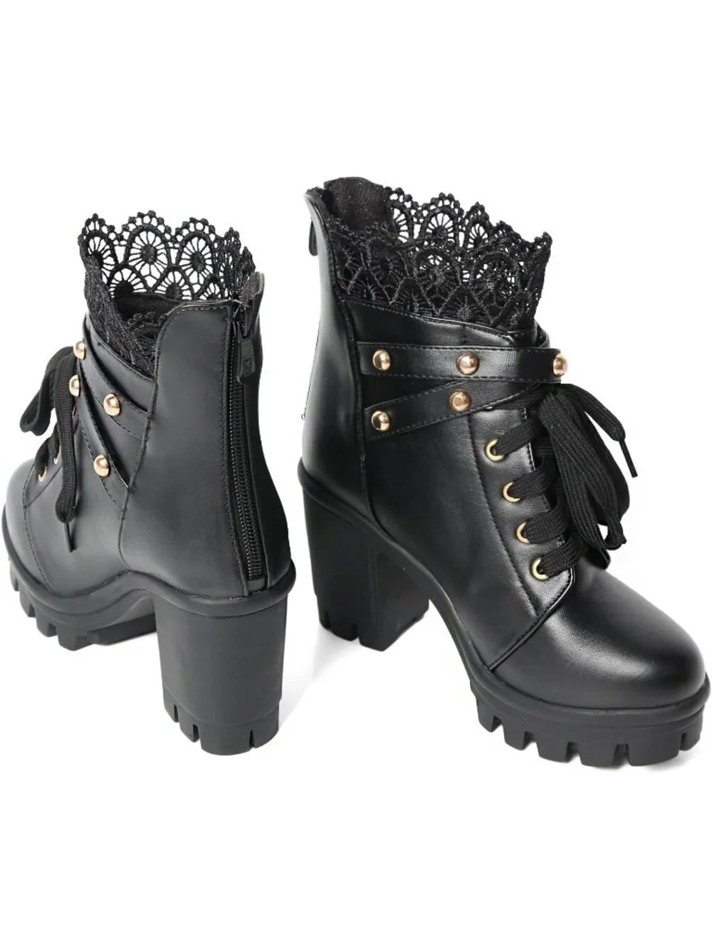 Women's Black Microfiber High Chunky Heel Lace Buckle Combat Ankle Booties